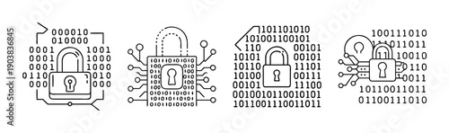 Data encryption icons featuring padlocks and binary code, digital security concept.