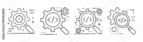 Set of four developer tools icons featuring code, gears, and browser windows.