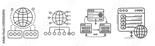 Stylized domain name system icons with globe and server connections