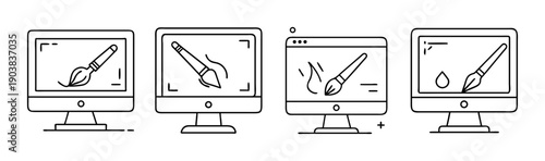 Computer screens with design software, showing digital art creation with brushes