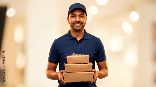 Smiling Indian delivery man in blue uniform holding stack of cardboard food boxes in a blurred indoor setting with warm bokeh lighting