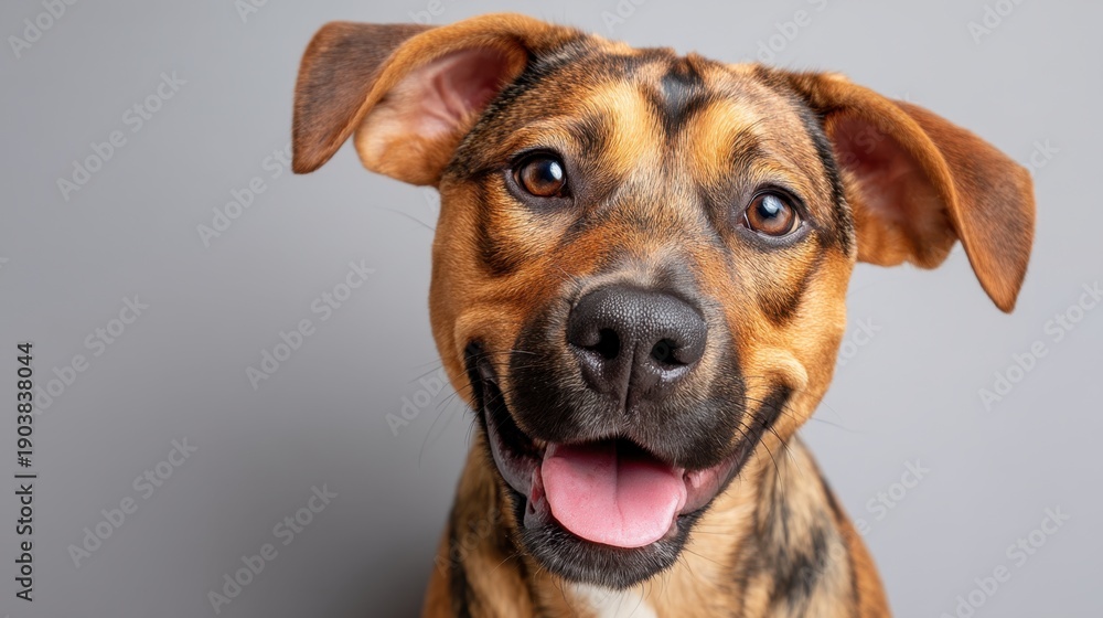 Obraz premium Happy Brown Dog with Playful Expression Looking Cheerfully at the Camera Against a Neutral Gray Background in a Studio Setting
