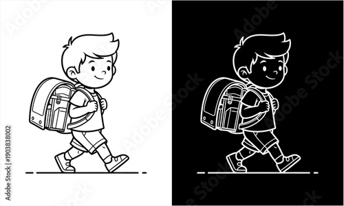 Happy schoolboy walking with backpack, ready for a new day of learning.