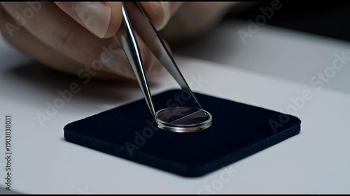 A hand uses tweezers to examine and place a small, circular optical lens or sapphire crystal onto a surface, highlighting light refraction effects.