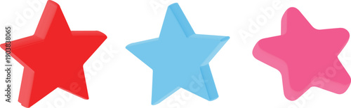 3D Star Rating Icons Set in Red Blue and Pink for App UI Web Interface Favorite Review High Quality 3D Icon Illustration Transparent Background
