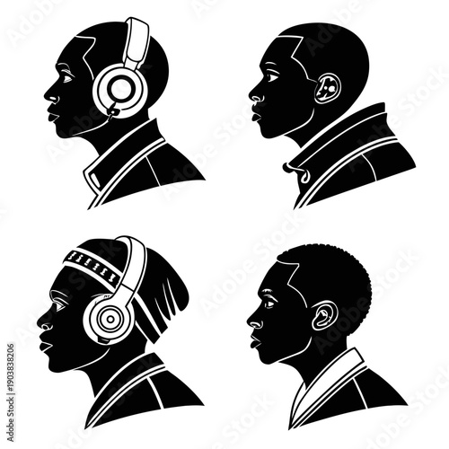 ১. Collection of African American male profile silhouettes with headphones ২. Modern black man character icons for urban lifestyle and music concept ৩. Set of diverse young African American male avata
