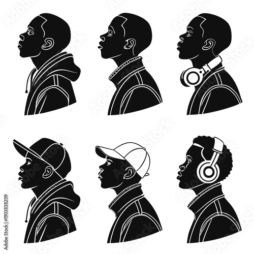 ১. Collection of African American male profile silhouettes with headphones ২. Modern black man character icons for urban lifestyle and music concept ৩. Set of diverse young African American male avata