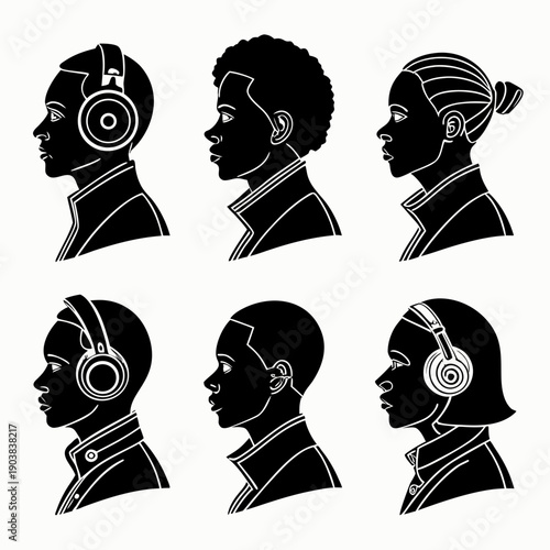 ১. Collection of African American male profile silhouettes with headphones ২. Modern black man character icons for urban lifestyle and music concept ৩. Set of diverse young African American male avata