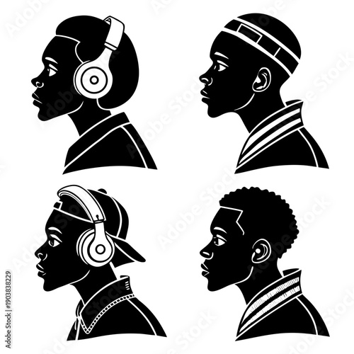 Four black silhouettes of people wearing headphones Vector