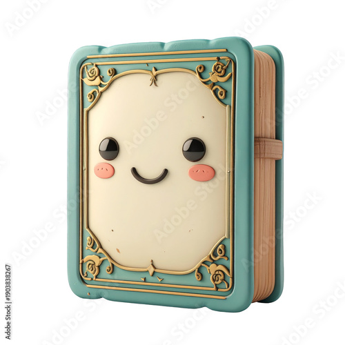 Cute Turquoise Book With Smiling Face And Golden Accents On