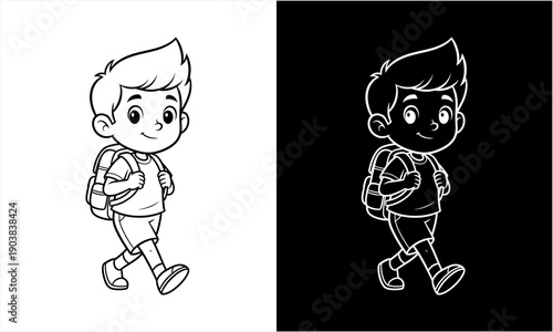 Happy schoolboy walking with backpack, ready for school adventure.