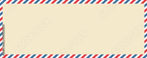 Vintage airmail postcard back template with diagonal blue and red stripe. Travel post card blank backside. Air mail envelope frame with postage place. Vector illustration isolated on white