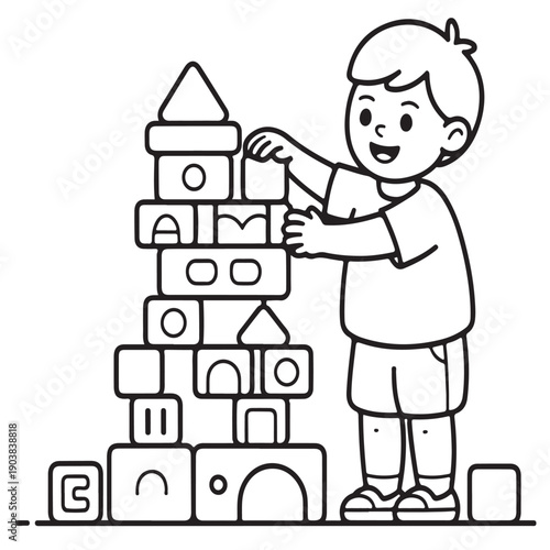 Boy playing with building blocks, constructing tower, happy child, educational toy, early childhood development, creative play, fun activity, learning game