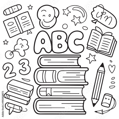 Collection of school and education themed doodle illustrations featuring abc letters numbers textbooks stationery elements and whimsical stars and smiles