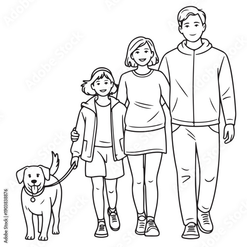 Family walking with dog illustration shows happy mother father and daughter walking together with their pet outdoors on white background showing healthy lifestyle and domestic animal bonding