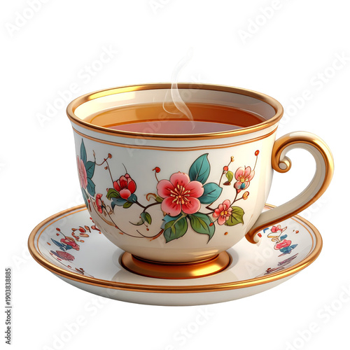 Elegant White Tea Cup with Floral Design on Transparent Background