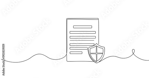 Continuous line drawing of document with shield symbolizing data protection. No editable stroke