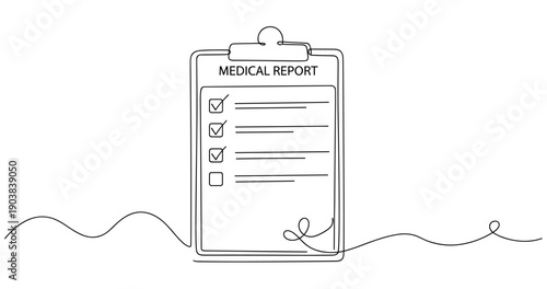Minimalist line drawing of medical report on clipboard with checkboxes. No editable stroke