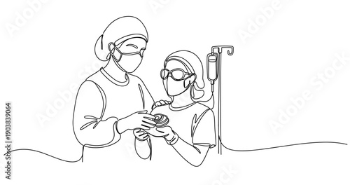 Line art drawing of healthcare professionals: female doctor and child nurse in hospital setting. No editable stroke