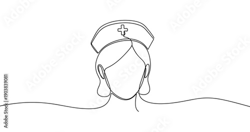 Continuous line drawing of female nurse with cap. No editable stroke