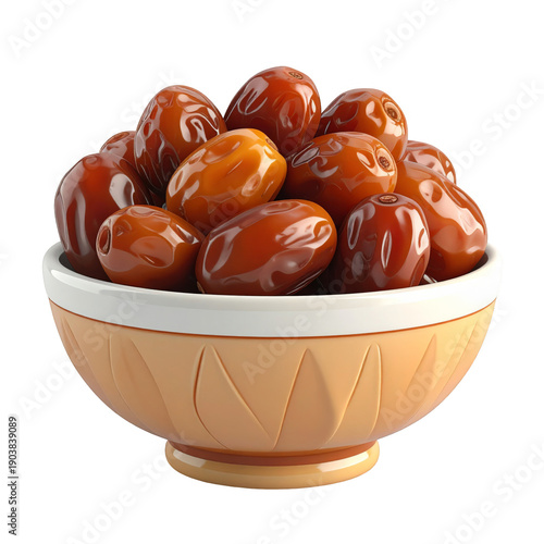 Brown Dates in Beige Bowl Against Transparent Background