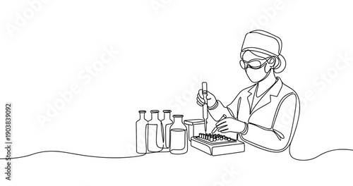 Asian female scientist conducting lab experiment with test tubes in continuous line art. No editable stroke