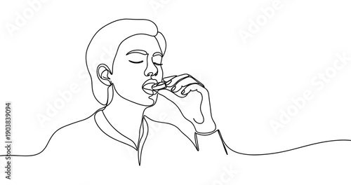 Minimalistic line drawing of female eating a snack with eyes closed. No editable stroke