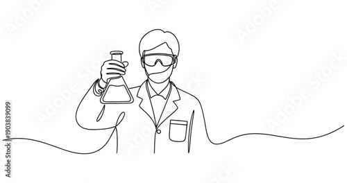 Line drawing of male scientist holding flask wearing lab coat and safety goggles. No editable stroke