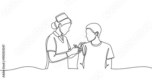 Female nurse administering vaccine to asian male child. No editable stroke