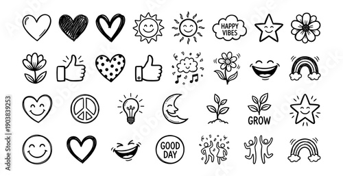 Hand Drawn Heart Doodle Set Black and White Sketchy Love Symbols Collection Artistic Variety of Scribble Hearts Outline and Filled Icons for Valentines Day Wedding Romance Design Elements