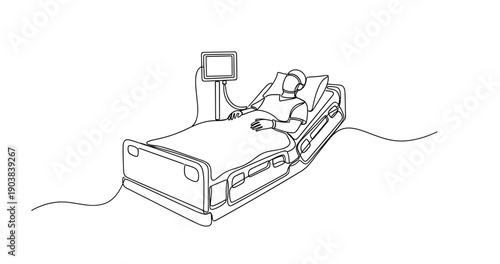 Line art of patient in hospital bed with medical equipment. No editable stroke