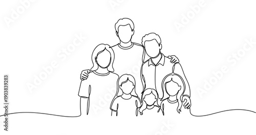 Line art of diverse family group portrait featuring adults and children. No editable stroke