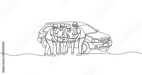 Emergency response: paramedics assisting injured person near vehicle. No editable stroke