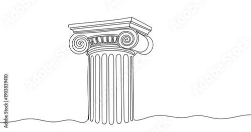Single line drawing of ancient greek ionic column on wavy surface. No editable stroke