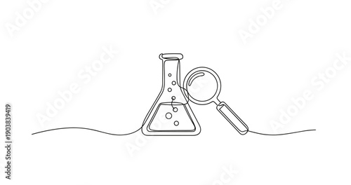 Line art of laboratory flask and magnifying glass symbolizing scientific exploration. No editable stroke