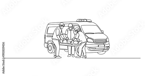 Emergency responders assisting injured person with ambulance. No editable stroke