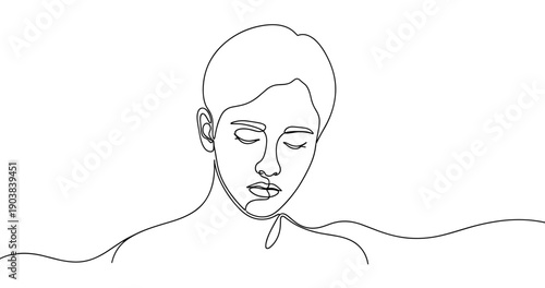 Minimalist line art of young caucasian female with closed eyes. No editable stroke