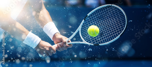 Close-up of muscular arms holding a tennis racket and hitting the ball. Banner championship tennis