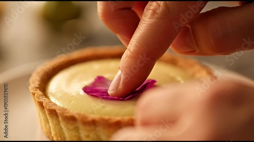 Close-up of a hand garnishing a mini dessert tart filled with yellow cream, using a single magenta flower petal for decoration.