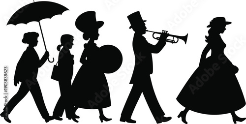 Vintage parade silhouette illustration showing musicians and people walking, retro fashion, umbrella, trumpet, historical procession, classic style design, concept, art