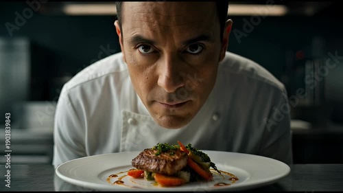An intense chef closely inspects a beautifully plated gourmet dish featuring meat and vegetables, demonstrating focus on presentation and quality.
