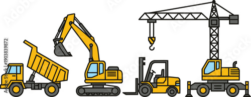 Construction vehicles including a crane excavator and dump truck illustration