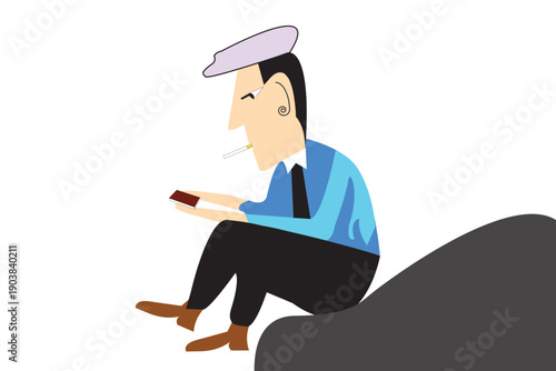 Comic Character Sitting on Rock with Cigarette. Cartoon Illustration Art.