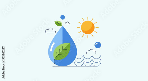 Vibrant flat design illustration representing the essential elements of the natural water cycle, featuring a large drop with green leaves, a bright sun, fluffy clouds, and gentle waves