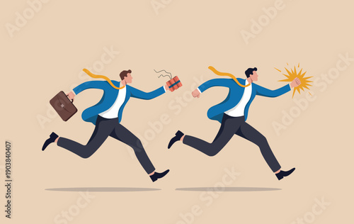 Businessmen running with a ticking bomb and an explosion representing time pressure and crisis