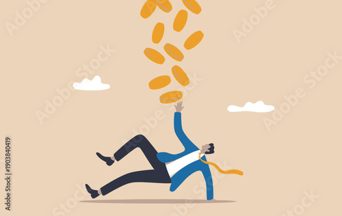 Businessman falling down with gold coins raining from above representing financial loss and bankruptcy.