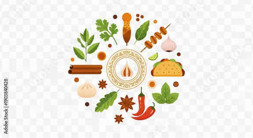 Circular flat design illustration featuring a delightful assortment of aromatic spices, fresh herbs, and various food ingredients for diverse culinary themes