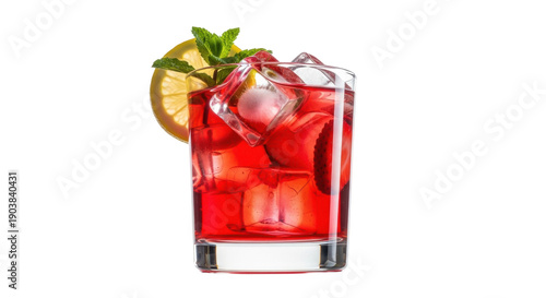 Refreshing red cocktail with ice cubes and lemon slice isolated PNG, summer drink for party and bar menu on transparent background