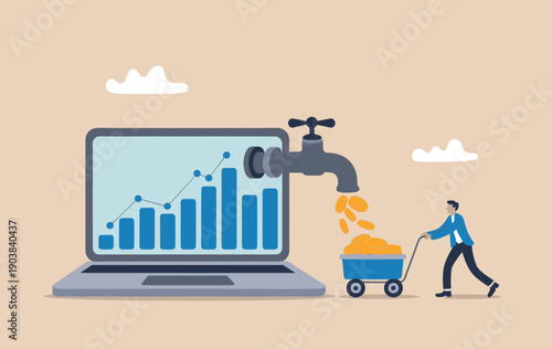 Businessman collecting gold coins from a laptop faucet showing financial growth chart.
