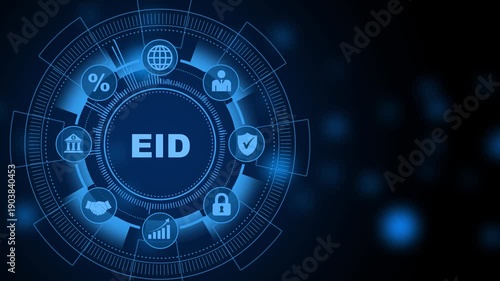 Digital EID concept. EID acronym. Represents an ID system for enterprise-level identification. Business, modern technology, with gears and social media icons 4K animation background. 